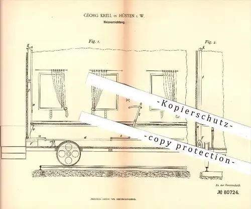 original Patent - Georg Krell in Hüsten , 1894 , Heizvorrichtung , Heizung , Herd , Feuerung , Heizkörper , Schornstein