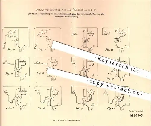 original Patent - O. von Morstein , Schöneberg , Berlin , 1895 , Schalter für Gasrohrverschlussöffner u. Zündung , Licht