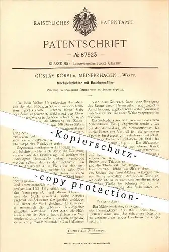original Patent - Gustav Körbi in Meinerzhagen , 1896 , Milchsiebtrichter mit Haarbesenfilter , Milch , Landwirtschaft !