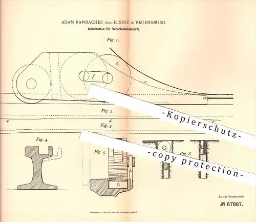 original Patent - A. Rambacher , H. Sinz , Regensburg , 1895 , Gleis - Bremse für Bahnhöfe , Bahnhof , Eisenbahn !!