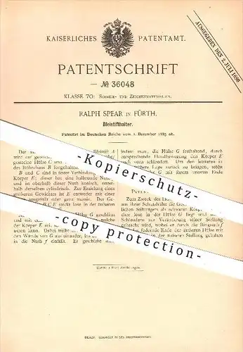 original Patent - Ralph Spear in Fürth , 1885 , Bleistift - Halter , Stift , Stifte , Schreibmaterial , Zeichnen !!!