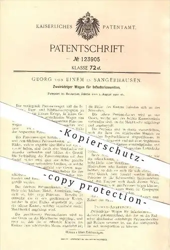 original Patent - Georg von Einem , Sangerhausen , 1900 , Wagen für Infanterie - Munition , Patronen , Waffen , Krieg !