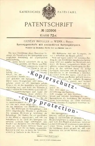 original Patent - G. Brugger , Wehr , 1900 , Sprenggeschoss mit sekundärem Sprengkörper , Sprengen , Geschosse , Waffen