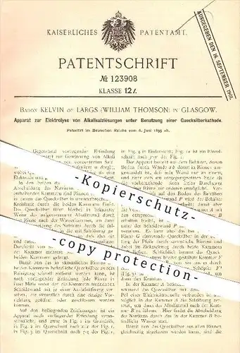 original Patent - Baron Kelvin of Largs , William Thomson , Glasgow , Elektrolyse von Alkalisalzlösung , Quecksilber !!