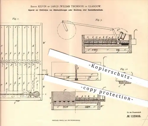 original Patent - Baron Kelvin of Largs , William Thomson , Glasgow , Elektrolyse von Alkalisalzlösung , Quecksilber !!