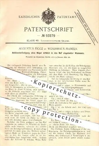 original Patent - Aug. Figge , Westerhaus - Hameln , 1897 , Befestigung von Hufeisen ohne Nägel , Huf , Hufen , Pferde