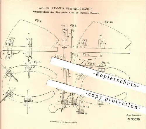original Patent - Aug. Figge , Westerhaus - Hameln , 1897 , Befestigung von Hufeisen ohne Nägel , Huf , Hufen , Pferde