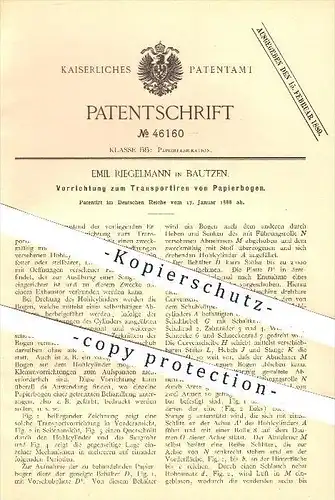 original Patent - Emil Bergmann in Bautzen , 1888 , Transport von Papierbogen , Papier , Papeterie , Papierfabrik !!!