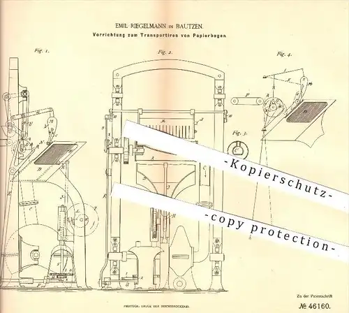 original Patent - Emil Bergmann in Bautzen , 1888 , Transport von Papierbogen , Papier , Papeterie , Papierfabrik !!!
