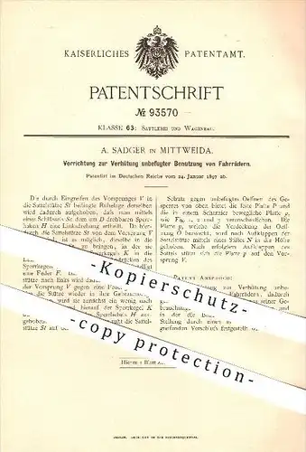 original Patent - A. Sadger in Mittweida , 1897 , Diebstahlschutz am Fahrrad , Fahrräder , Sattel , Schloss , Verschluss
