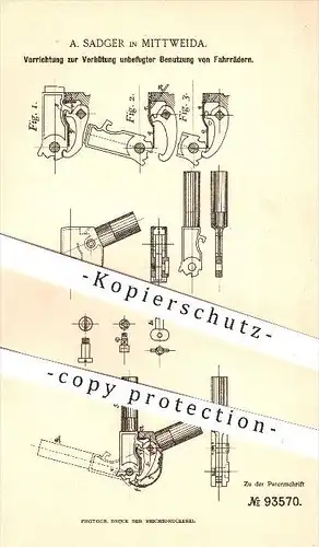 original Patent - A. Sadger in Mittweida , 1897 , Diebstahlschutz am Fahrrad , Fahrräder , Sattel , Schloss , Verschluss