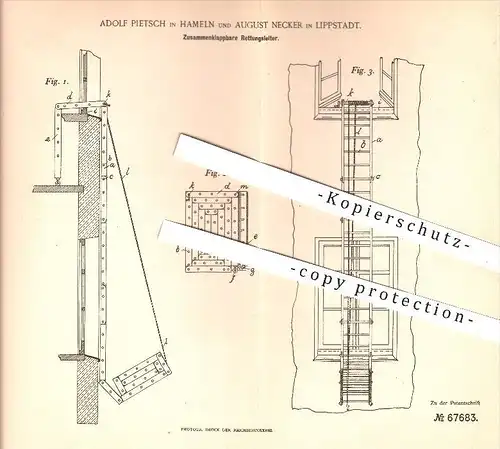 original Patent - Adolf Pietsch , Hameln / Aug. Necker , Lippstadt , Rettungsleiter , Leiter , Rettungswesen , Feuewehr