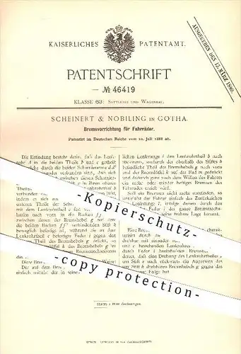 original Patent - Scheinert & Nobiling , Gotha , 1888 , Bremsen für Fahrräder , Bremse , Fahrrad , Räder , Bremshebel !!