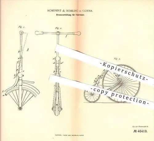 original Patent - Scheinert & Nobiling , Gotha , 1888 , Bremsen für Fahrräder , Bremse , Fahrrad , Räder , Bremshebel !!