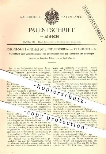 original Patent - J. G. Engelhardt , Preungesheim , Frankfurt / Main , 1890 , Holz auf Gehrung schneiden , Bilderrahmen