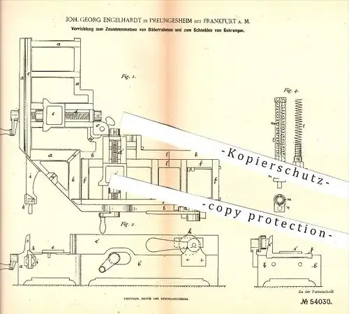 original Patent - J. G. Engelhardt , Preungesheim , Frankfurt / Main , 1890 , Holz auf Gehrung schneiden , Bilderrahmen