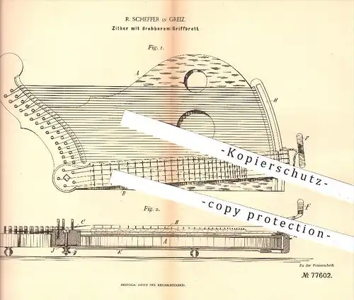 original Patent - R. Scheffer in Greiz , 1894 , Zitter mit drehbarem Griffbrett , Zittern , Musikinstrumente , Musik !