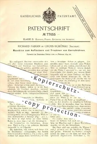 original Patent - Richard Fabian in Groß - Schönau , 1894 , Auflockern u. Trocknen von Garnsträhnen , Garn , Garne !!