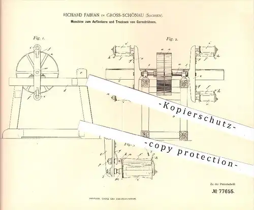 original Patent - Richard Fabian in Groß - Schönau , 1894 , Auflockern u. Trocknen von Garnsträhnen , Garn , Garne !!