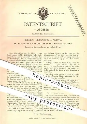 original Patent - Friedrich Repenning in Altona , 1884 , Verstellbares Kurvenlineal für Malerarbeiten , Lineal , Maler