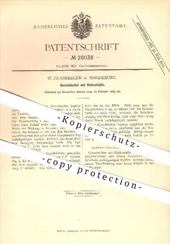 original Patent - W. Glasberger , Magdeburg , 1884 , Geradehalter mit Rückentaille , Rücken , Wirbelsäule , Gesundheit !