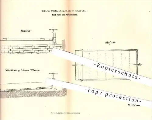 original Patent - F. Zwingenberger , Hamburg , 1880 , Wanne zum Kühlen u. Abrahmen von Milch , Kühlung , Landwirtschaft