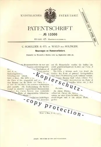 original Patent - C. Schulder & Co. in Wald bei Solingen , 1880 , Riemenverbinder , Riemen , Blech , Schmieden , Schmied