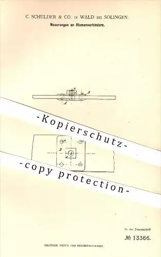 original Patent - C. Schulder & Co. in Wald bei Solingen , 1880 , Riemenverbinder , Riemen , Blech , Schmieden , Schmied