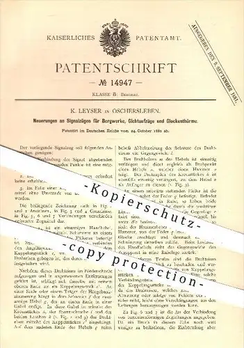 original Patent - K. Leyser in Oschersleben , 1880 , Signalzüge für Bergwerk , Gichtaufzüge , Glockentürme , Bergbau !!!