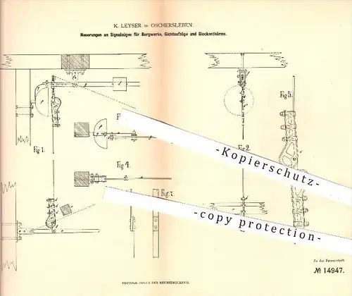 original Patent - K. Leyser in Oschersleben , 1880 , Signalzüge für Bergwerk , Gichtaufzüge , Glockentürme , Bergbau !!!