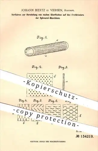 original Patent - Johann Biertz in Viersen , 1901 , rauhe Oberflächen auf den Frottierledern der Spinnerei - Maschinen