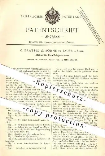 original Patent - C. Krätzig & Söhne in Jauer , Schlesien , 1894 , Löffelrad für Kartoffellegemaschinen , Landwirtschaft