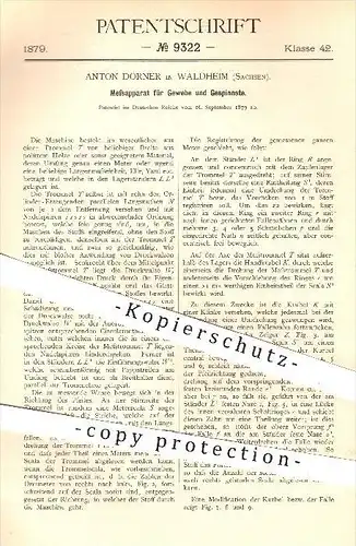 original Patent - Anton Dörner in Waldheim , 1879 , Abmessen von Gewebe , Gespinste , Stoffe , Längenmaß , Länge !