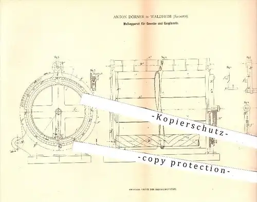 original Patent - Anton Dörner in Waldheim , 1879 , Abmessen von Gewebe , Gespinste , Stoffe , Längenmaß , Länge !