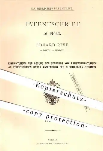 original Patent - Eduard Rive , Porta , Minden , 1880 , Lösen der Sperre am Förderkorb mittels elektr. Strom , Bergbau !