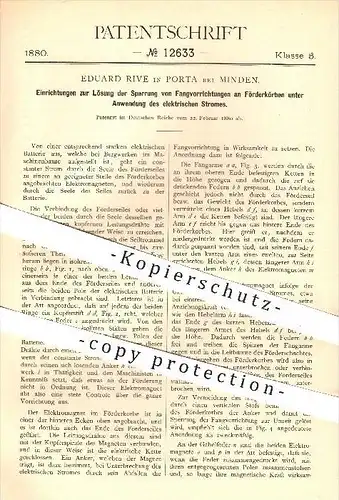 original Patent - Eduard Rive , Porta , Minden , 1880 , Lösen der Sperre am Förderkorb mittels elektr. Strom , Bergbau !