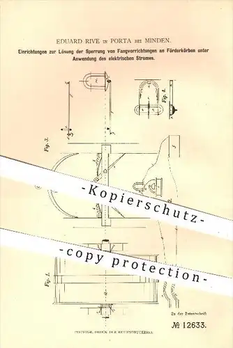 original Patent - Eduard Rive , Porta , Minden , 1880 , Lösen der Sperre am Förderkorb mittels elektr. Strom , Bergbau !