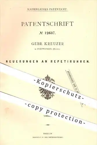 original Patent - Gebrüder Kreuzer , Furtwangen , 1880, Repitieruhren , Uhr , Uhren , Uhrwerk , Uhrmacher , Repetierwerk