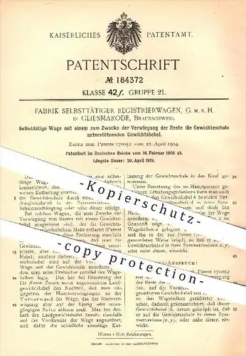 original Patent - Fabrik selbsttätiger Registrierwaagen GmbH , Gliesmarode , Braunschweig ,1906, Waage , Waagen , Wiegen