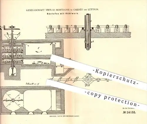 original Patent - Gesellschaft Vieille Montagne , Chenée bei Lüttich , 1883 , Röstofen mit Rührwerk , Ofen , Öfen , Erze