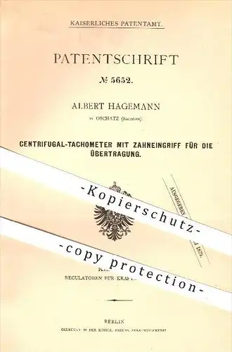 original Patent - Albert Hagemann , Oschatz , 1877 , Zentrifugal - Tachometer , Regulator , Regulatoren , Kraftmaschinen