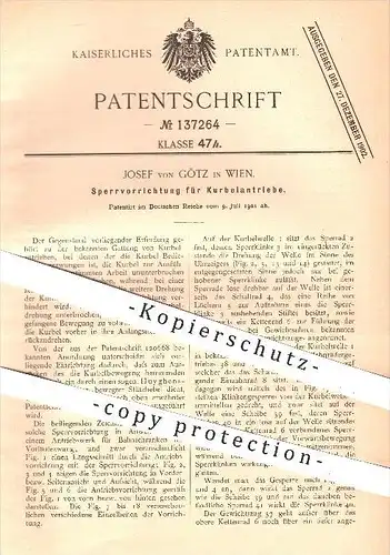 original Patent - Josef von Götz in Wien , 1901 , Sperrvorrichtung für Kurbelantrieb , Antrieb , Kurbel , Kurbelwelle !!