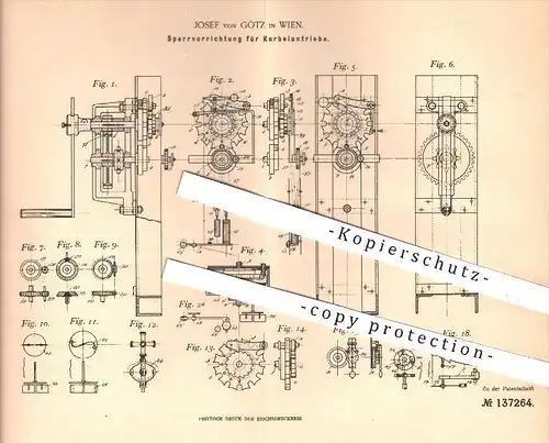 original Patent - Josef von Götz in Wien , 1901 , Sperrvorrichtung für Kurbelantrieb , Antrieb , Kurbel , Kurbelwelle !!