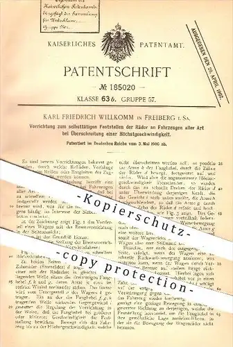 original Patent - Karl Fr. Willkomm , Freiberg , 1906 , Feststellen der Räder an Fahrzeugen bei hoher Geschwindigkeit !!