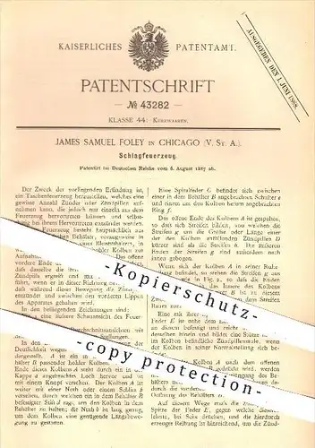 original Patent - James Samuel Foley in Chicago , USA , 1887 , Schlagfeuerzeug , Feuerzeug , Feuer , Kurzwaren , Zünder
