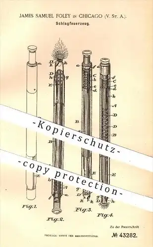 original Patent - James Samuel Foley in Chicago , USA , 1887 , Schlagfeuerzeug , Feuerzeug , Feuer , Kurzwaren , Zünder