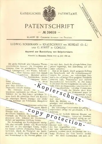 original Patent - Ludwig Rohrmann , Krauschwitz bei Muskau , 1886 , Darstellung von Salpetersäure , Säure , Kondensation