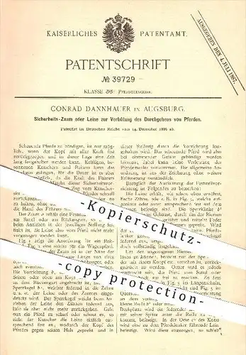 original Patent - C. Dannhauer , Augsburg , 1886, Zaum o. Leine gegen das Durchgehen vom Pferd , Pferde , Pferdegeschirr