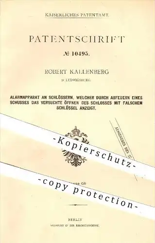 original Patent - Robert Kallenberg in Ludwigsburg , 1879 , Alarmapparat an Schlössern , Schloss , Türschloss , Tür !!!