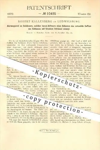 original Patent - Robert Kallenberg in Ludwigsburg , 1879 , Alarmapparat an Schlössern , Schloss , Türschloss , Tür !!!